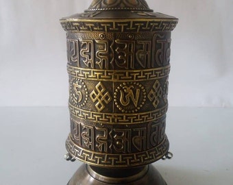 Tibetan Prayer Wheel,Desk,Vintage.Om Mani Padme Hum.Karma Purification.Eight Auspicious Symbols