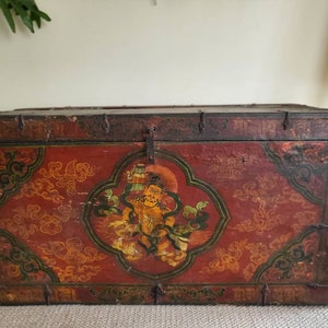 Antique Tibetan Wooden Trunk.Tibetan Trunk Hand Painted. Budhist Trunk