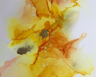 Dancing Flame, Original Alcohol Ink Art, Fine Art on Yupo Paper, Abstract Painting, Modern Art, orange and yellow painting, 9”x12"