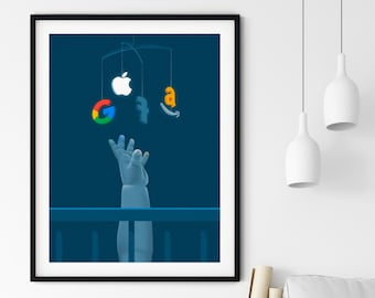 Newborn playing with Gafa mobile in crib Limited Edition illustration, gift idea, house warming, office