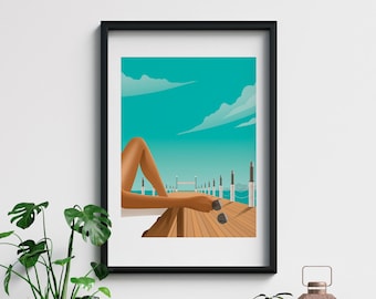 May include: A framed illustration of a person relaxing on a wooden dock with their legs outstretched. The dock is over a body of water with a blue sky and white clouds in the background. The person is wearing sunglasses and has brown skin.