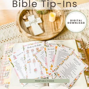 May include: A wooden cross with the word "faith" and a small candle sit on a wooden tray. The image features printable Bible tip-ins with floral borders and the text "Printable Bible Tip-Ins" and "Digital Download."