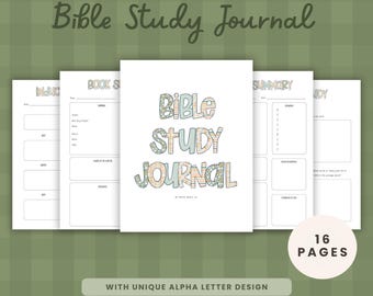 May include: A printable Bible Study Journal with a unique alpha letter design. The cover features the words "Bible Study Journal" in a colorful, patterned font. The journal includes 16 pages and is set against a green plaid background.