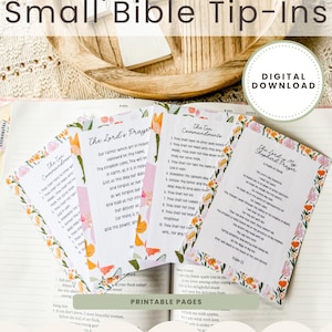 May include: Printable Bible tip-ins with floral borders, featuring The Ten Commandments, The Lord's Prayer, and The Lord is My Shepherd Prayer. Includes a digital download option. The text is in black font.