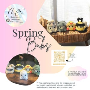 May include: A collection of crocheted spring-themed animal plushies, including a bunny, frog, chick, and bee. The plushies are sitting on a wicker bench. The image includes the text "Spring Bubs" and "@MCCROCHETCREATION".