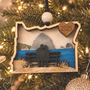 Personalized Cannon Beach Wood Ornament: Haystack Rock; Oregon Keepsake; Oregon Coast Couple Gift