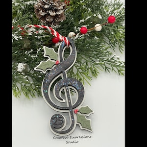 Wooden Treble Clef Ornament - Music Lover Christmas Decor with Holly Berries - Handmade Holiday Gift for Musicians