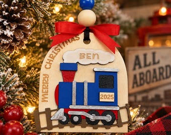 Personalized Train Christmas Ornament: Custom 2025 Wooden Holiday Decor, Locomotive, Railroad Transportation