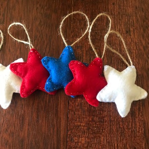 felt star ornaments, patriotic ornaments, red & white ornaments, small felt stars, Christmas ornaments, handmade stars, seasonal tree