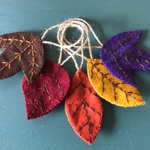 Small hand embroidered fall felt leaf ornament set