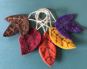 Small hand embroidered fall felt leaf ornament set