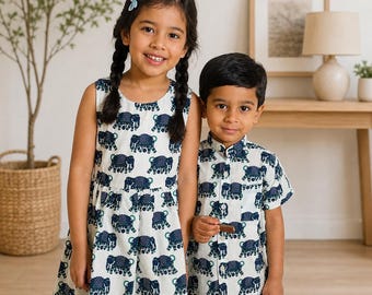 Handgemaakt katoenen overhemd met blauwe olifantenprint jongens – Button-down blauwe olifantenprint, zomeroutfit voor peuters
