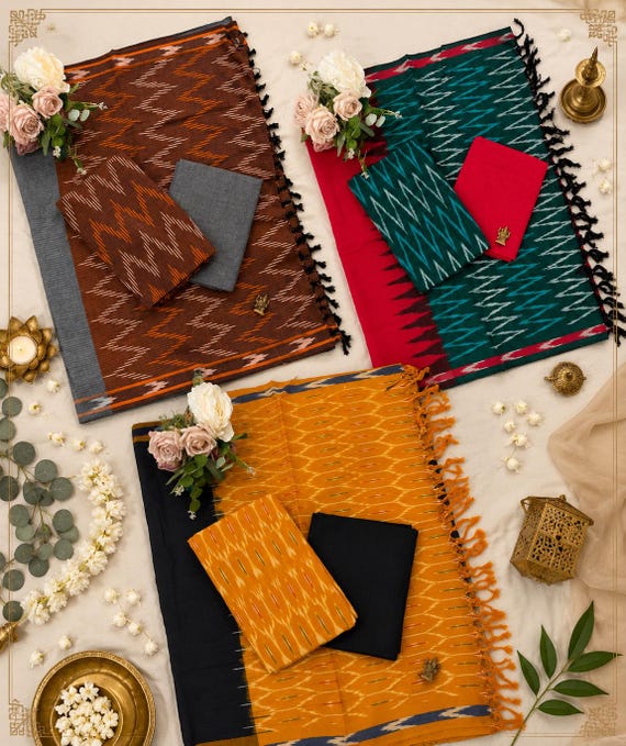 ikat cotton dress material Handwoven Unstitched Salwar Suit Set for Women | Kurta Fabric, Bottom & Dupatta | Ethnic Indian textile ikat design Petite Cocktail Dress Wedding Option to:BUY tagged Odisha handloom. bohemian maxi dresses