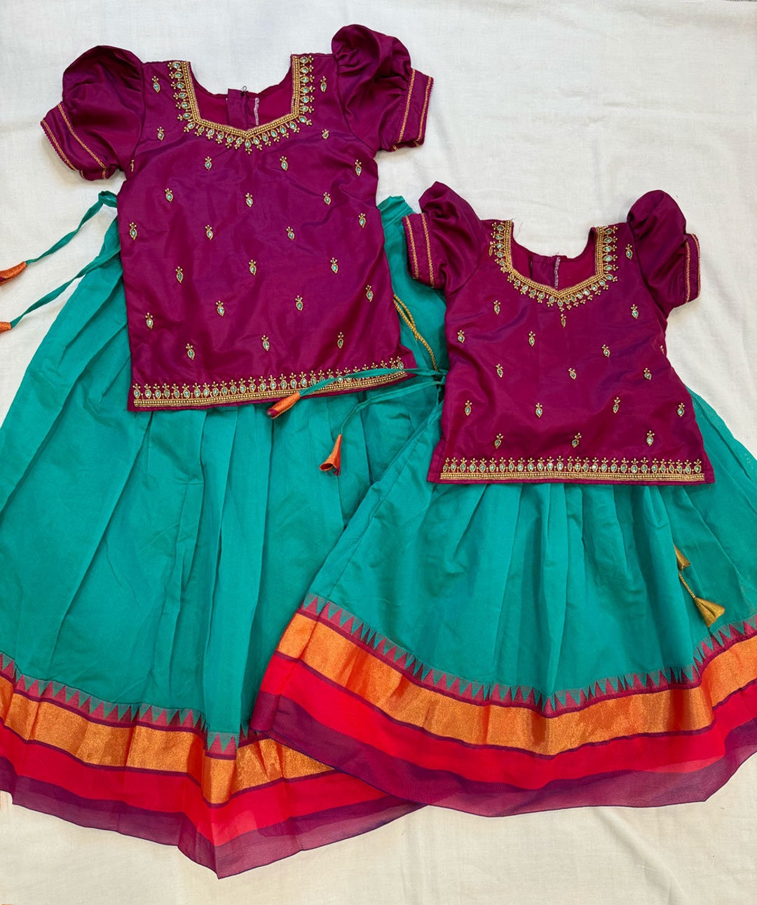 Girls' Chanderi Silk Pattu Pavadai Set – Blue & Lime Green Traditional Dress main image 0