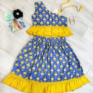 Indian floral hand block printed pure cotton dress with ruffles for girls/ Girls dresses / Kids Summer wear/ Kids clothing / Kids cottonwear