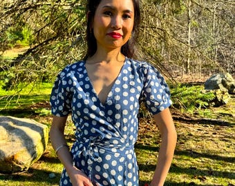 Women’s Blue Polka Dot Maxi Wrap Dress – Cotton Summer Dress with Side Slit