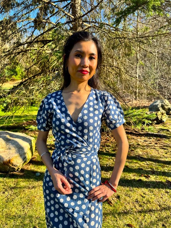 Womens Blue Polka Dot Maxi Wrap Dress Cotton Summer Dress with Side Slit Womens Blue Polka Dot Maxi Wrap Dress Cotton Summer Dress with Side Slit