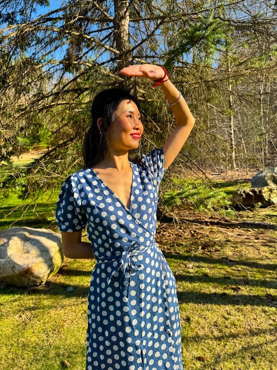 Women's Blue Polka Dot Maxi Wrap Dress - Cotton Summer Dress with Side Slit Women's Blue Polka Dot Maxi Wrap Dress - Cotton Summer Dress with Side Slit