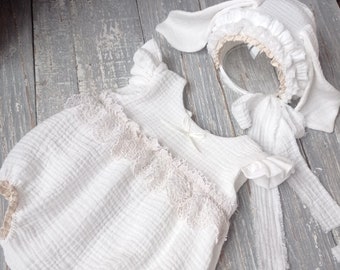 Boho Bunny Newborn Set, Organic Baby Girl Outfit, Vintage Photography Prop, White Muslin Romper & Bonnet, Retro Infant Baby Costume