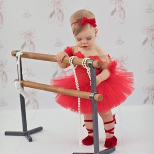 Ballerina Costume with Tutu skirt for Infant Baby Photography, Red Tulle dress, Sitter Photo Prop, Lace Infant Romper, Newborn Girl Gift