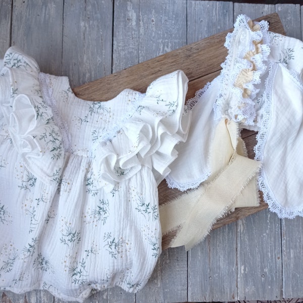 Floral Bunny Romper & Bonnet Set, Organic Baby Girl Outfit, Vintage Photography Prop, Rustic Infant Baby Set, Muslin Boho Romper for Kids