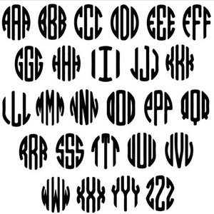 May include: A collection of black monogram letters in a circular design, set against a white background. Each letter is distinct, with a bold, vertical stripe pattern within the circle. The letters range from A to Z and include numbers.