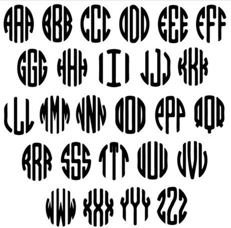 May include: A collection of black monogram letters in a circular design, set against a white background. Each letter is distinct, with a bold, vertical stripe pattern within the circle. The letters range from A to Z and include numbers.