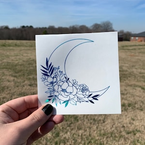 Crescent Moon Decal, Celestial Sticker, Floral Moon, Holographic Decal, Boho Decal. Laptop Decal-decals