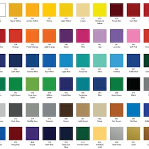 May include: A color chart featuring a grid of 48 color swatches, each with a unique name and number. Colors range from white and yellow to red, blue, green, and brown, with various shades and hues. The chart is designed for color selection and reference.
