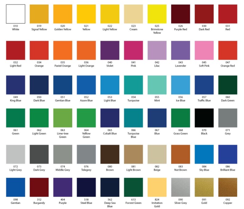 May include: A color chart featuring a grid of 48 color swatches, each with a unique name and number. Colors range from white and yellow to red, blue, green, and brown, with various shades and hues. The chart is designed for color selection and reference.