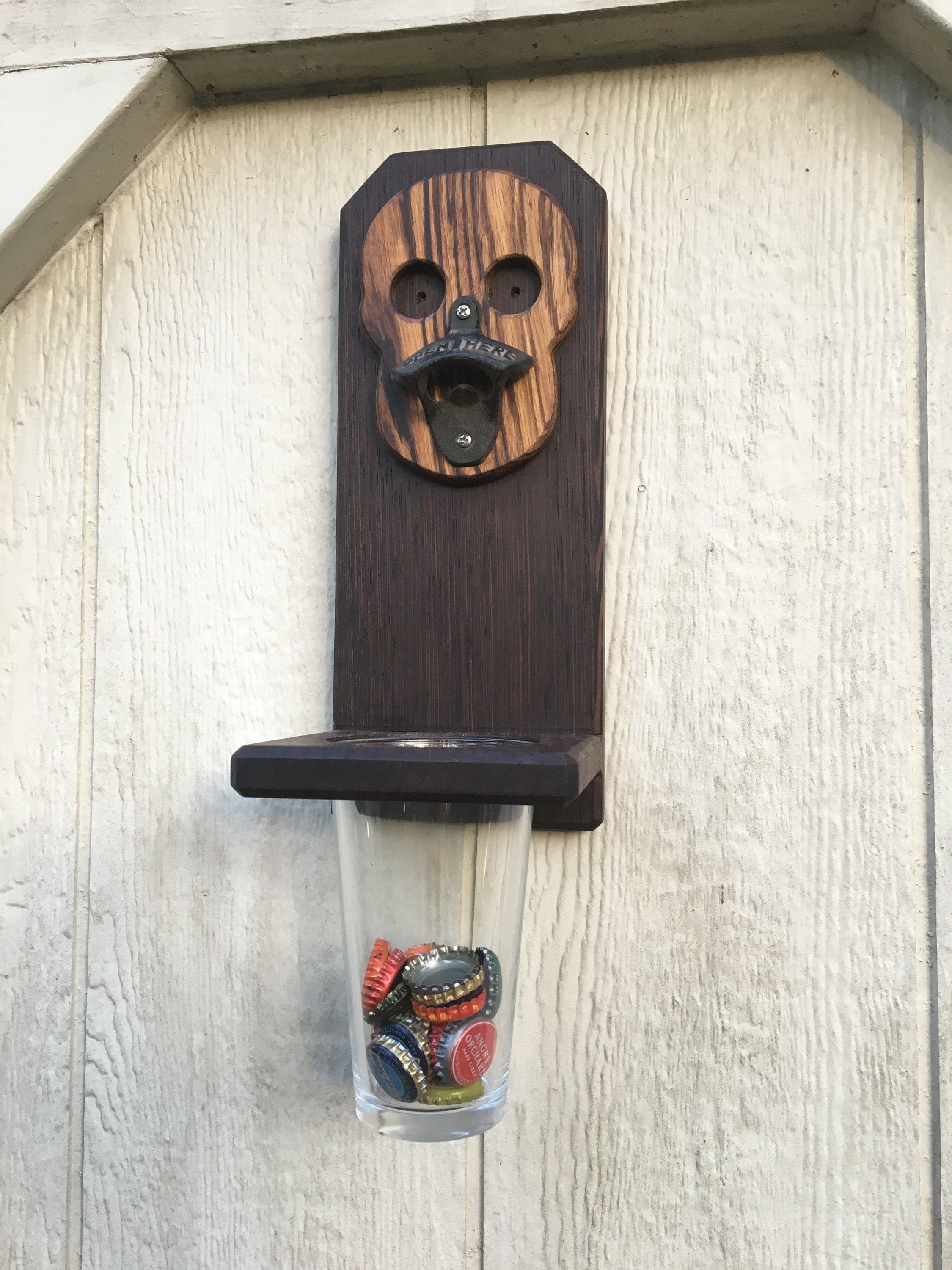 Wenge & Zebra Wood Skull Beer Bottle Opener, Wall Mounted, Cap 