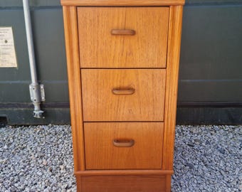Vintage Solid Teak 3 Drawer Bedside Chest / Retro Mid Century Slim Drawers MCM