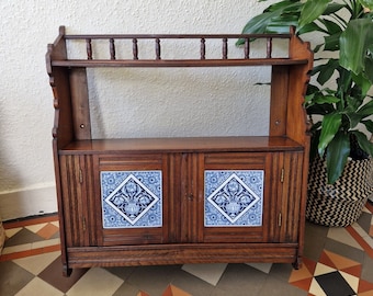 Lovely Victorian Hanging Wall Unit French Cupboard Kitchen Spice Wrack With Key Lockable Arts and Crafts Style Tiled Front