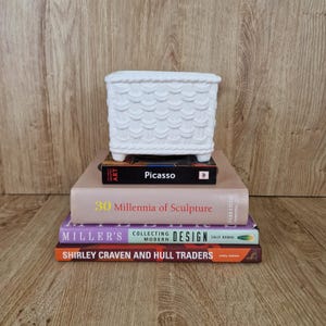 May include: A white rectangular ceramic planter with a raised basket-weave texture sits atop a stack of four books titled Picasso, 30 Millennia of Sculpture, Miller's Collecting Modern Design, and Shirley Craven and Hull Traders.
