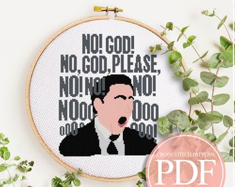 May include: A counted cross stitch pattern featuring a cartoon image of a man with the text "NO! GOD! NO, GOD, PLEASE, NO! NO! NO! NOOO OOO OOO". The pattern is for 14 count Aida fabric and measures 7.7 x 9.3 inches or 108 x 130 stitches. The pattern includes colour symbols with floss legend, pattern in black and white symbols with floss legend, and pattern preview.