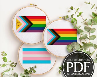 LGBTQ+ Cross Stitch Pattern SET, Progress Pride Flag Cross Stitch Pattern, Gay Cross Stitch, Lesbian Cross Stitch, Trans Cross Stitch