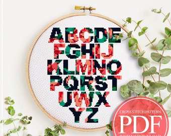 Full Alphabet Cross Stitch Pattern, Floral Alphabet Cross Stitch, Modern Text Letters Font Cross Stitch, Typography Cross Stitch Pattern PDF