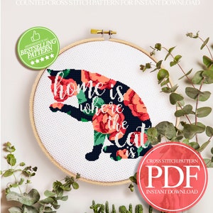 Cat Cross Stitch Pattern PDF, Pet Cross Stitch, Floral Cross Stitch Pattern, Home Is Where The Cat Is Cross Stitch, Modern Cross Stitch