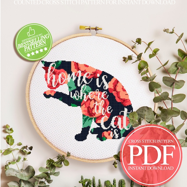 Cat Cross Stitch Pattern PDF, Pet Cross Stitch, Floral Cross Stitch Pattern, Home Is Where The Cat Is Cross Stitch, Modern Cross Stitch