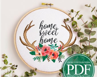 Home Sweet Home-kruissteekpatroon, bloemengeweikrans (pdf-download)
