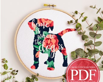 Dog Floral Cross Stitch Pattern, Home Decor (PDF Pattern)