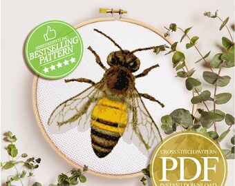 Honey Bee Cross Stitch Pattern, Insect Embroidery (PDF Pattern)