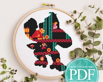 Patrón de punto de cruz de Donkey Kong, bordado de videojuego retro (PDF)