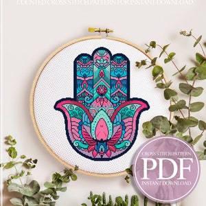 Mandala Cross Stitch Pattern PDF, Hamsa Hand Cross Stitch Pattern, Colorful Cross Stitch, Buddhism Cross Stitch, Easy Cross Stitch Pattern