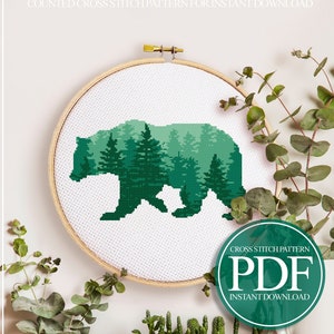 Woodland Cross Stitch Pattern, Forest Cross Stitch Pattern, Bear Cross Stitch Pattern, Nature Cross Stitch Pattern, Beginner Cross Stitch image 1