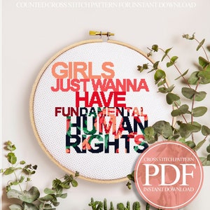 Feminism Cross Stitch, Modern Cross Stitch, Feminist Cross Stitch, Girls Just Wanna Have Fundamental Human Rights, Snarky Cross Stitch