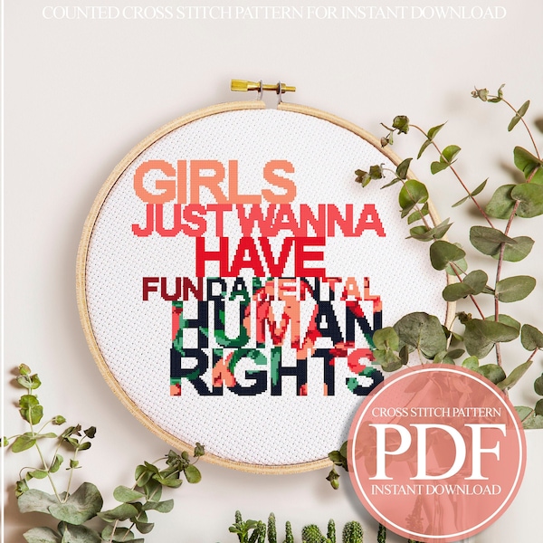 Feminism Cross Stitch, Modern Cross Stitch, Feminist Cross Stitch, Girls Just Wanna Have Fundamental Human Rights, Snarky Cross Stitch