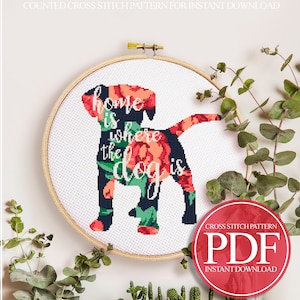 Dog Cross Stitch Pattern PDF, Pet Cross Stitch Pattern, Home Is Where The Dog Is Cross Stitch, Modern Cross Stitch, Puppy Cross Stitch Cute