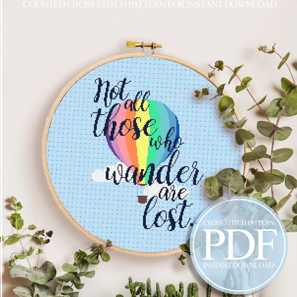 Hot Air Balloon Cross Stitch Pattern, Cute Quote Cross Stitch Pattern, Adventure Cross Stitch Pattern, Not All Those Who Wander Are Lost