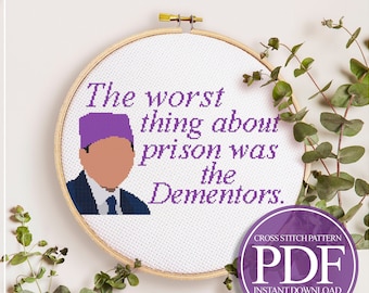 May include: A cross stitch pattern featuring a cartoon character with the text "The worst thing about prison was the Dementors." The pattern is available as a PDF instant download. The pattern is for 14 count Aida fabric and measures 11.8 x 6.8 inches or 165 x 95 stitches. It uses 8 DMC colours.